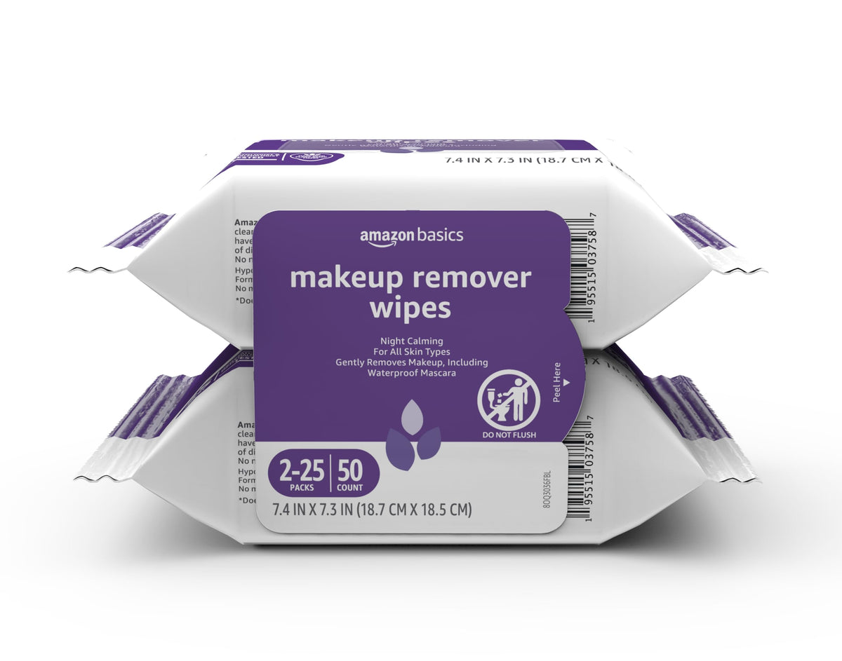 Amazon Basics Makeup Remover Wipes pack front view showing two resealable packs for gentle cleansing