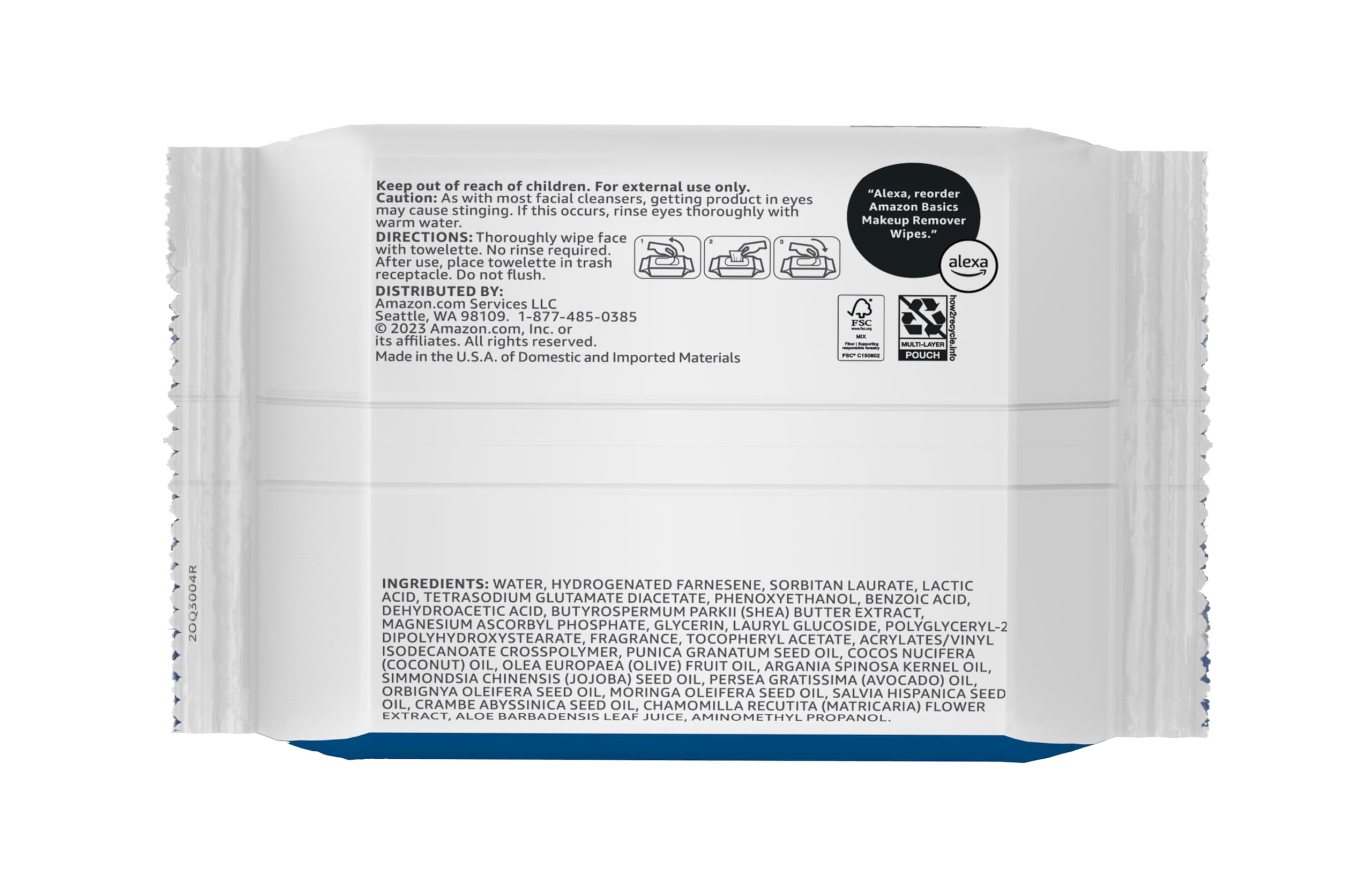 Amazon Basics Makeup Remover Wipes reseal panel showing fresh packaging.