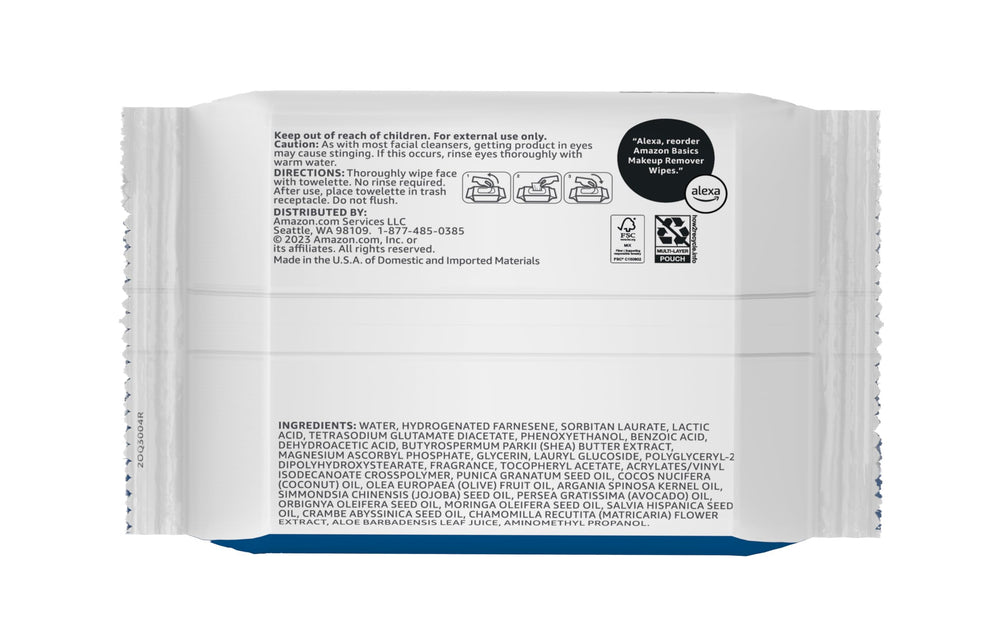 Amazon Basics Makeup Remover Wipes reseal panel showing fresh packaging.