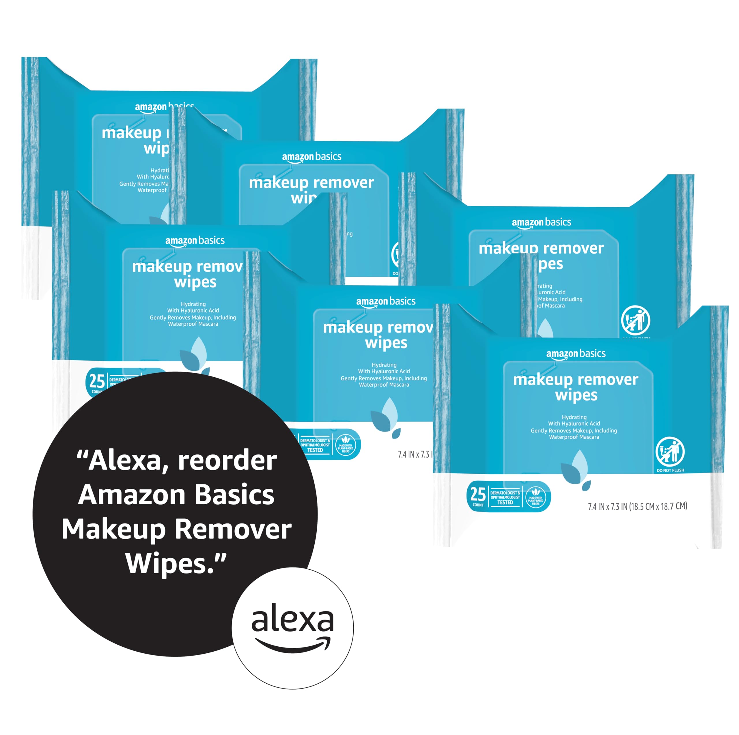 Amazon Basics makeup remover wipes six-pack packaging neatly displayed.