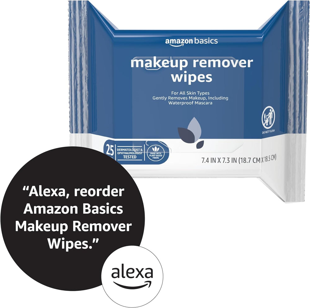 Amazon Basics Makeup Remover Wipes packaging is recyclable for sustainable storage.
