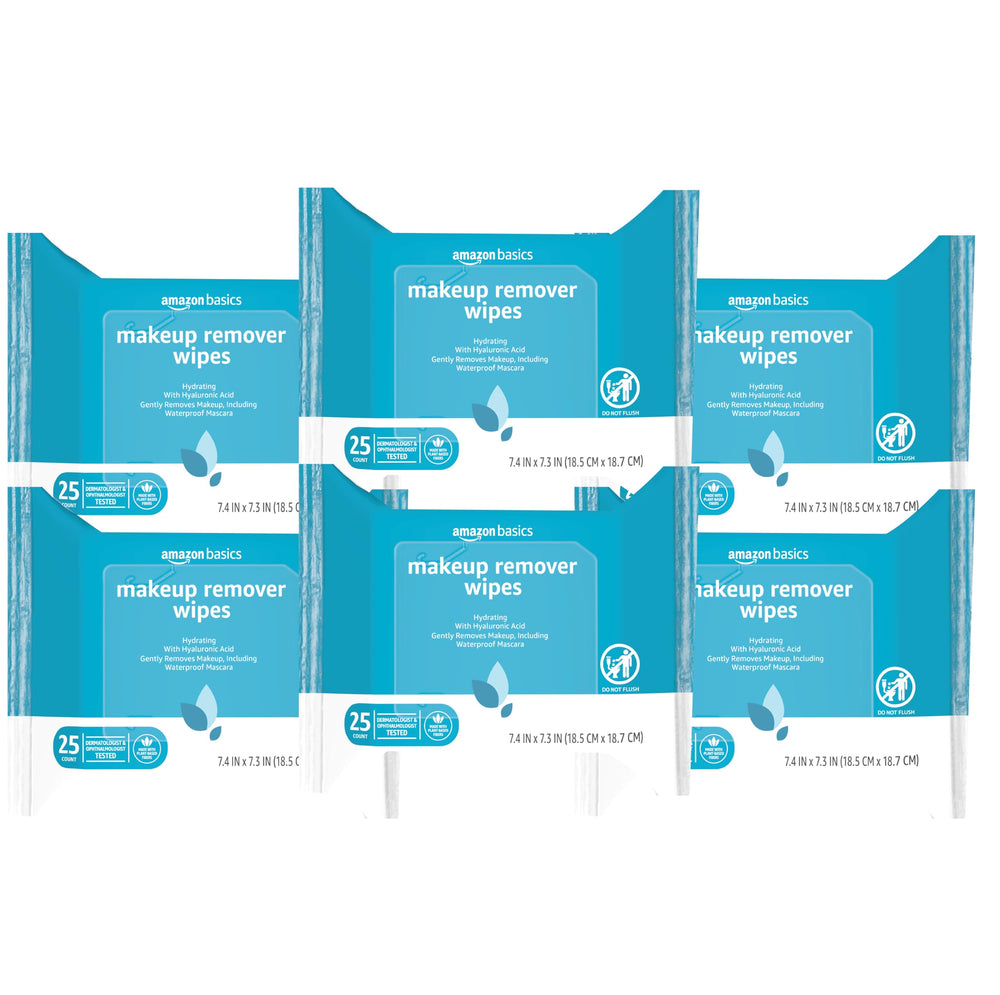 Amazon Basics makeup remover wipes six-pack front view for quick, gentle cleansing.