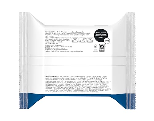 Amazon Basics Makeup Remover Wipes closeup shows soft towelettes removing makeup gently.