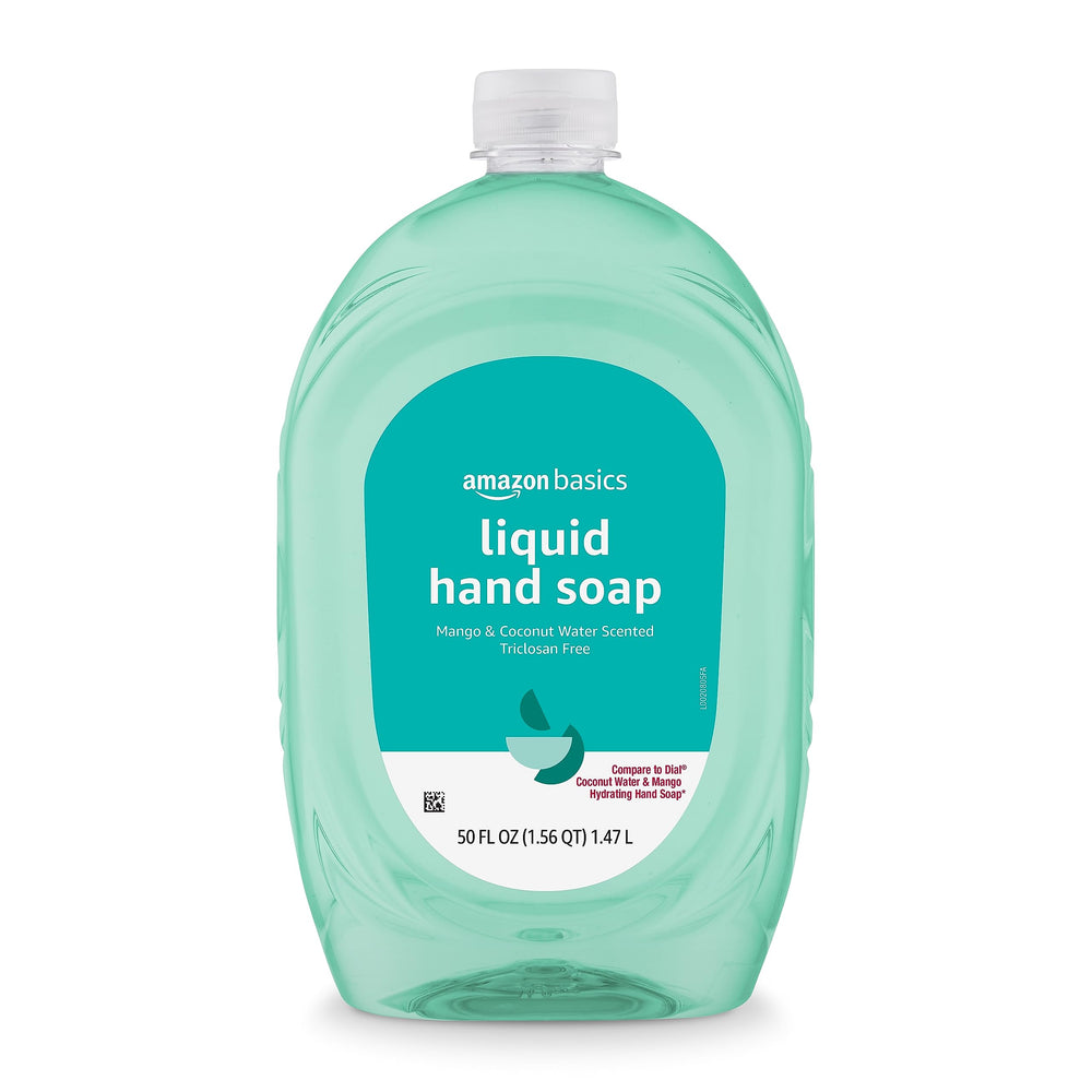 Amazon Basics refill bottle with mango coconut water scent for easy hand-cleaning at home.