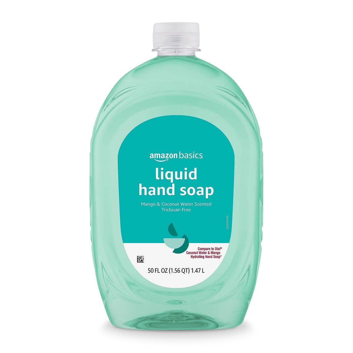 Amazon Basics refill bottle with mango coconut water scent for easy hand-cleaning at home.