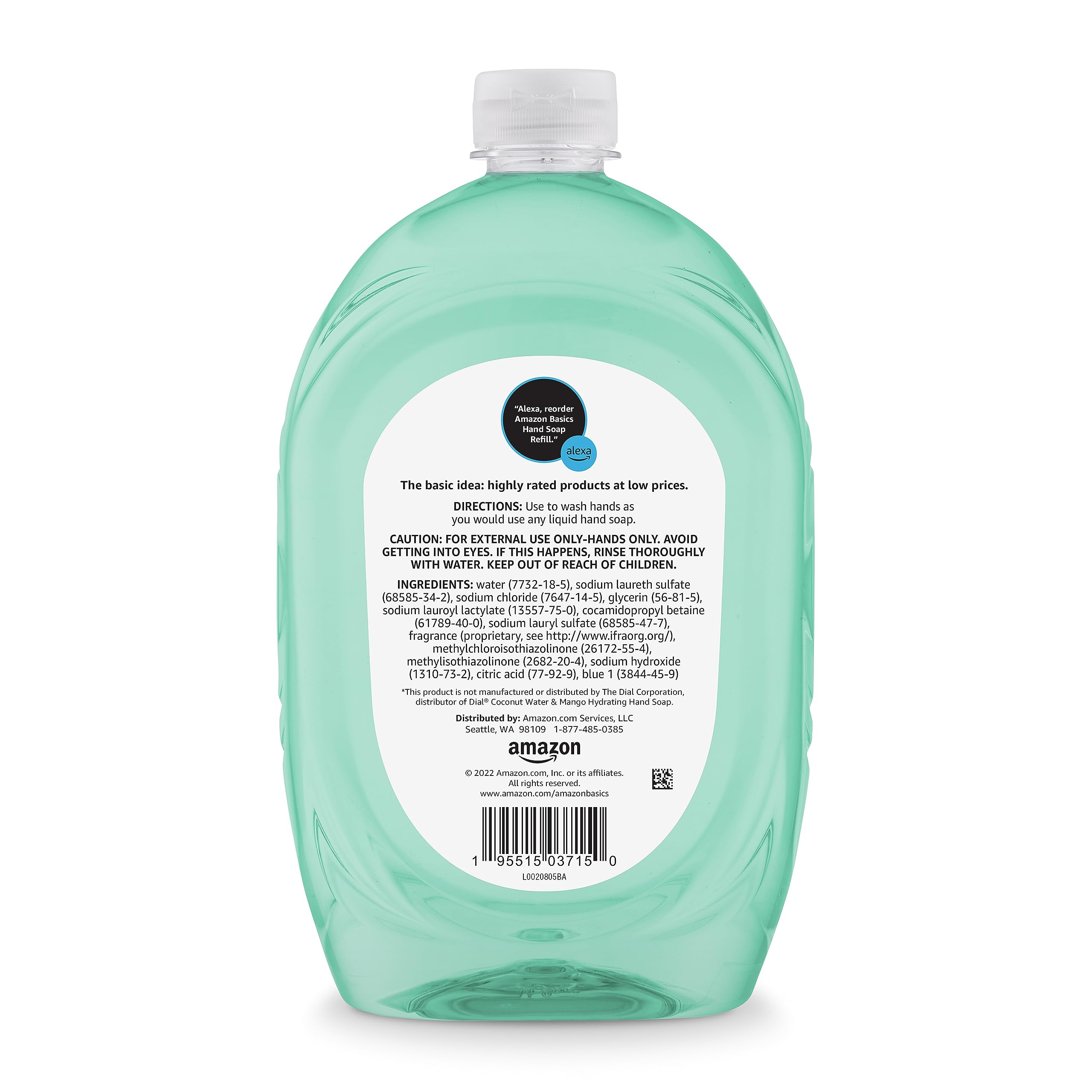 Close-up of mango coconut water scent label on Amazon Basics refill.