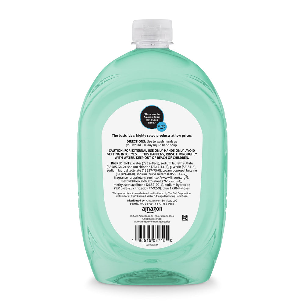 Close-up of mango coconut water scent label on Amazon Basics refill.