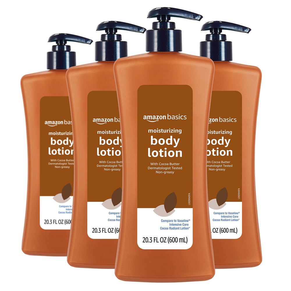 Amazon Basics manteca de cacao crema corporal, botellas de 20,3 onzas, hidratación duradera.