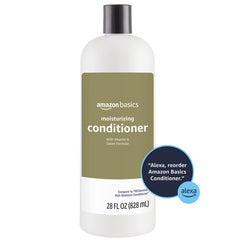 Amazon Basics Moisture Rich Conditioner bottle pour illustrating smooth detangling