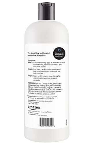 Amazon Basics Moisture Rich Conditioner label close-up with nourishing Vitamin E