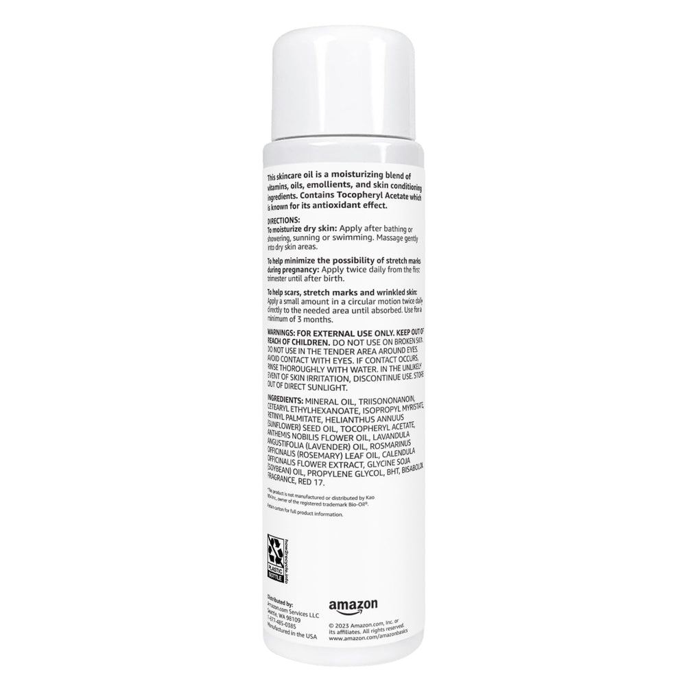 Amazon Basics Moisturizing Body Oil with vitamins A & E for nourished skin.