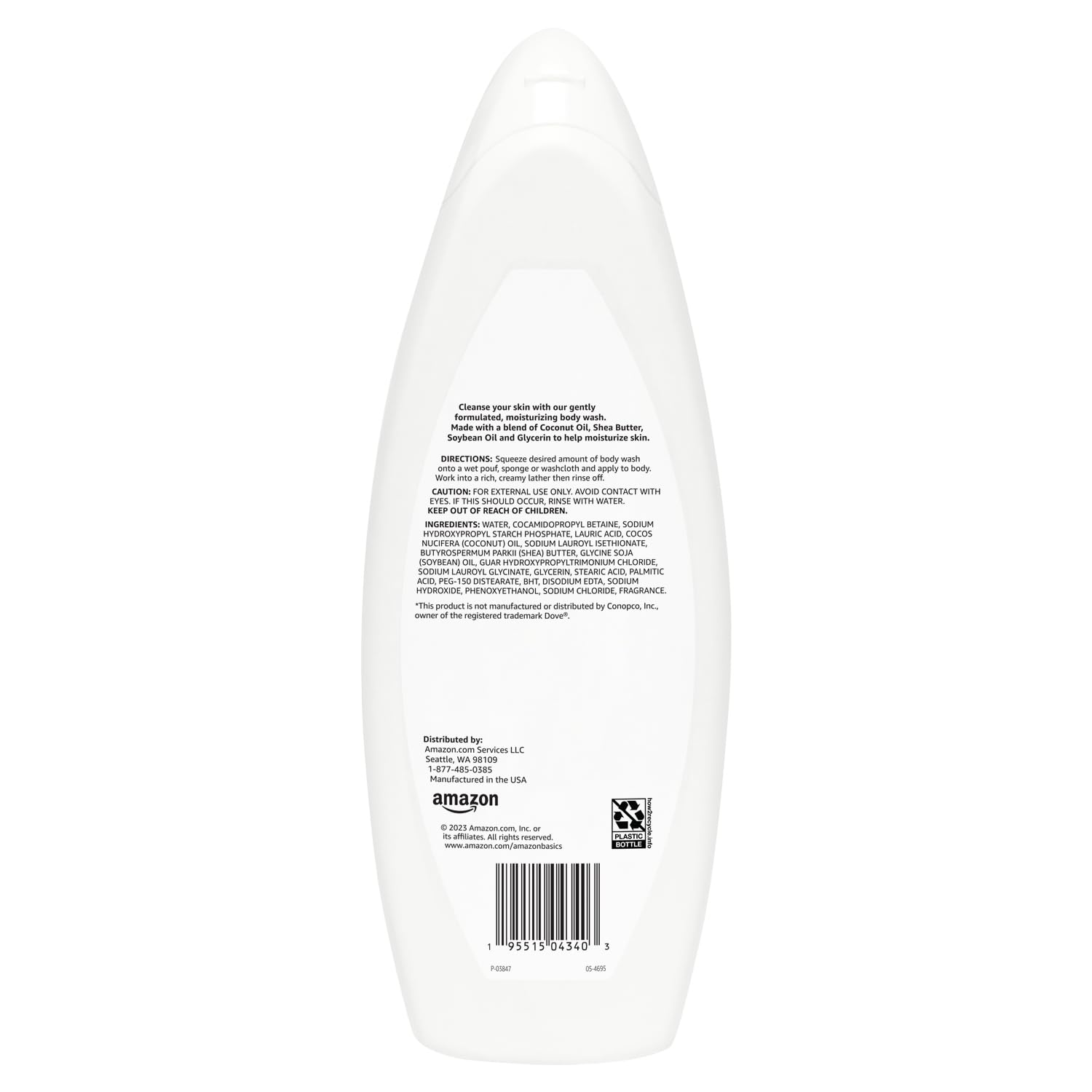 Amazon Basics Moisturizing Body Wash label closeup highlights paraben-free, dermatologist-tested formula