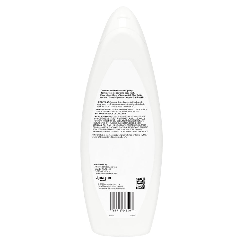 Amazon Basics Moisturizing Body Wash label closeup highlights paraben-free, dermatologist-tested formula