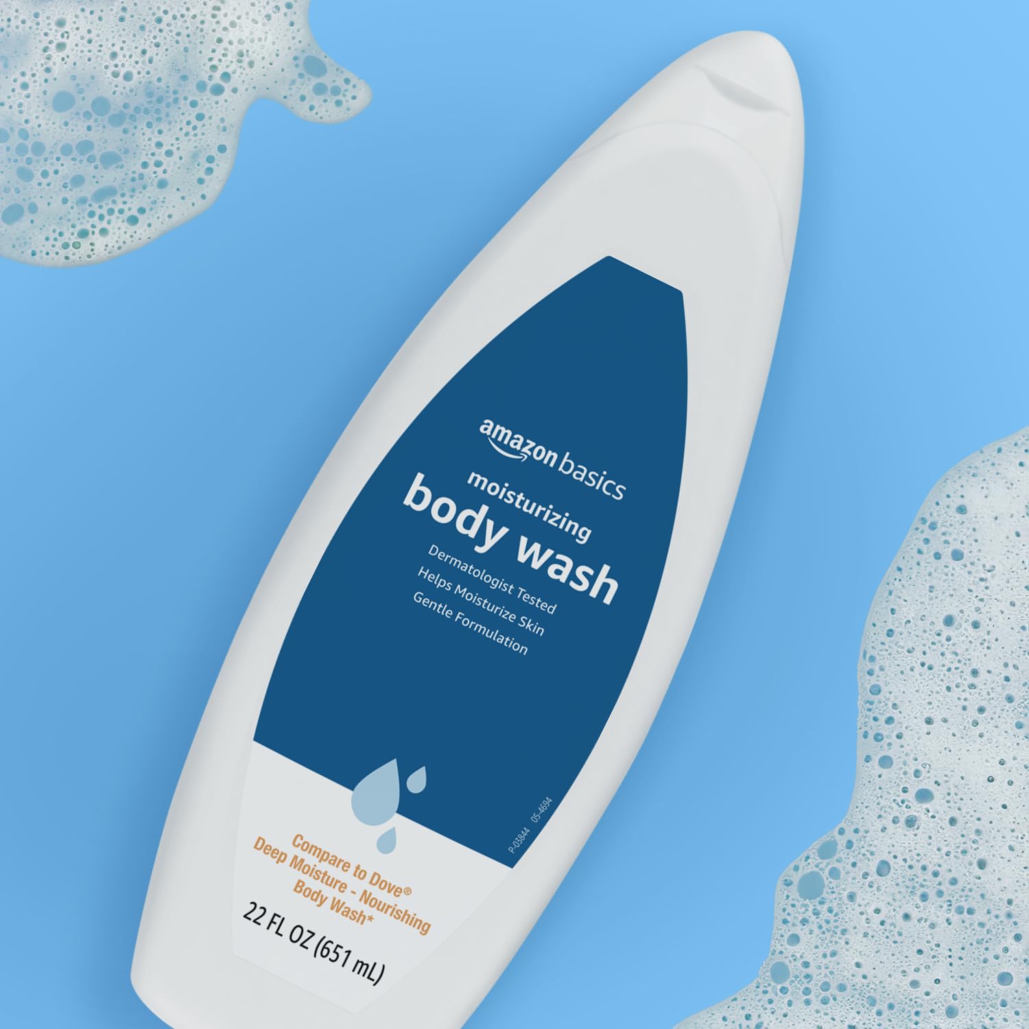 Packaging shot of 22 oz Amazon Basics Moisturizing Body Wash emphasizes value for daily showers