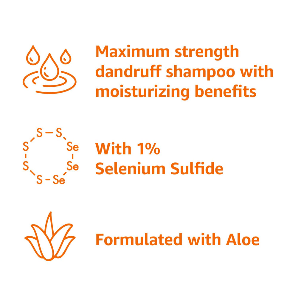 Amazon Basics Moisturizing Dandruff Shampoo 1% selenium sulfide bottle close-up.