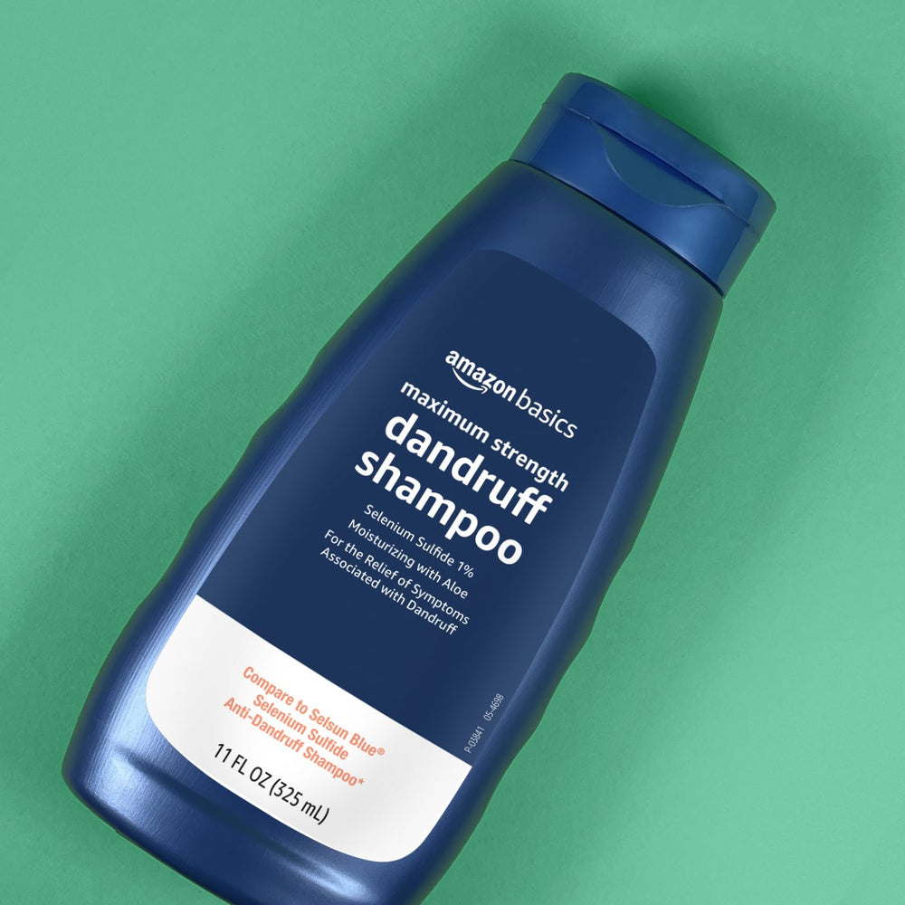 Amazon Basics Moisturizing Dandruff Shampoo packaging highlights value.