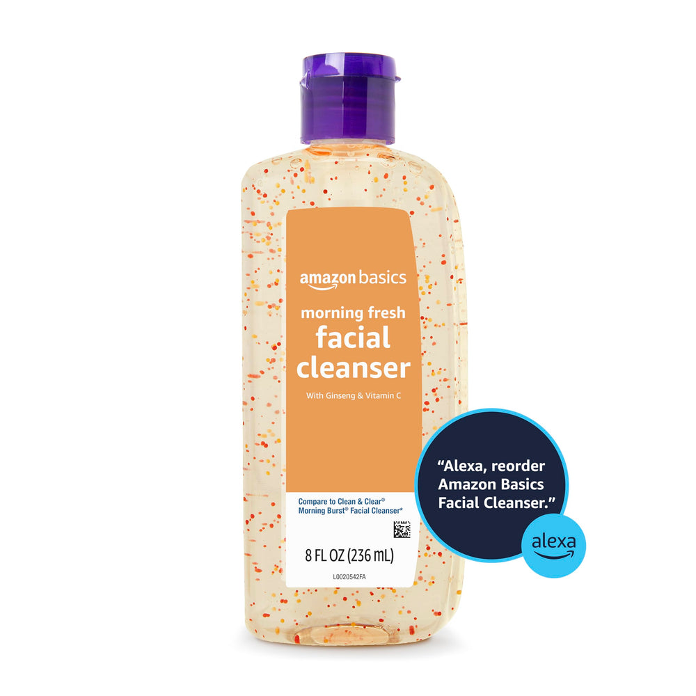 Amazon Basics Morning Fresh Facial Cleanser packaging backdrop, easy-to-use daily cleanser for quick routine.