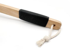 Amazon Basics natural wood handle loofah with ergonomic grip for comfortable shower cleaning.