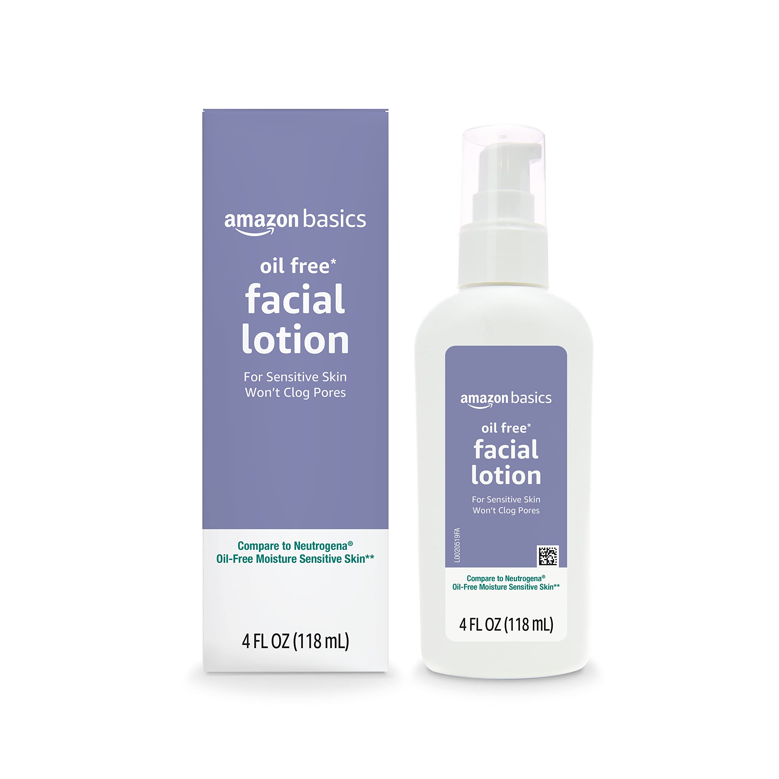 Amazon Basics oil-free facial moisturizer pump bottle for sensitive skin.