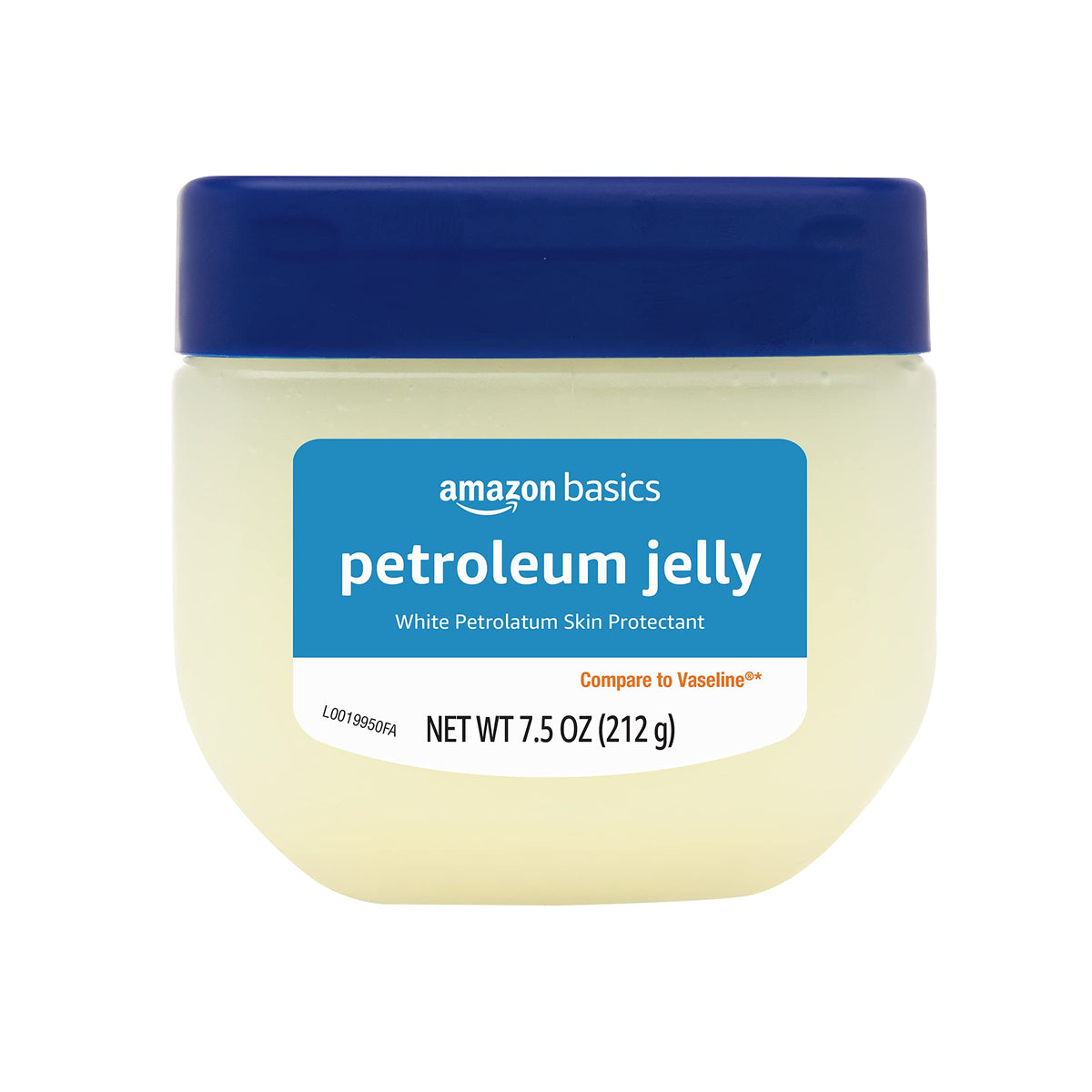 Amazon Basics petroleum jelly jar with unscented formula for daily skin protection.