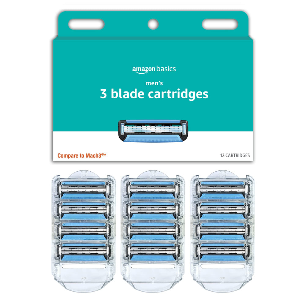 Amazon Basics 3-Blade razor refill with multi-axis pivot for contouring shave.