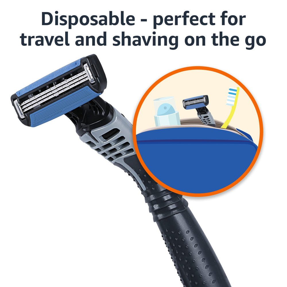 Two-pack packaging of Amazon Basics razors ready for travel or home use.