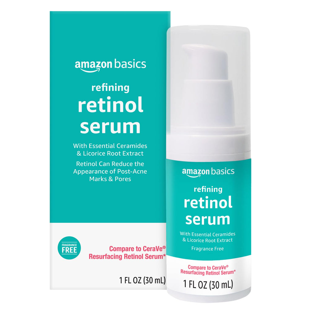 Amazon Basics Retinol Serum frente de la botella, uso diario