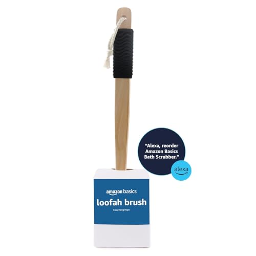 Amazon Basics rubber grip loofah with rope for secure storage after shower.