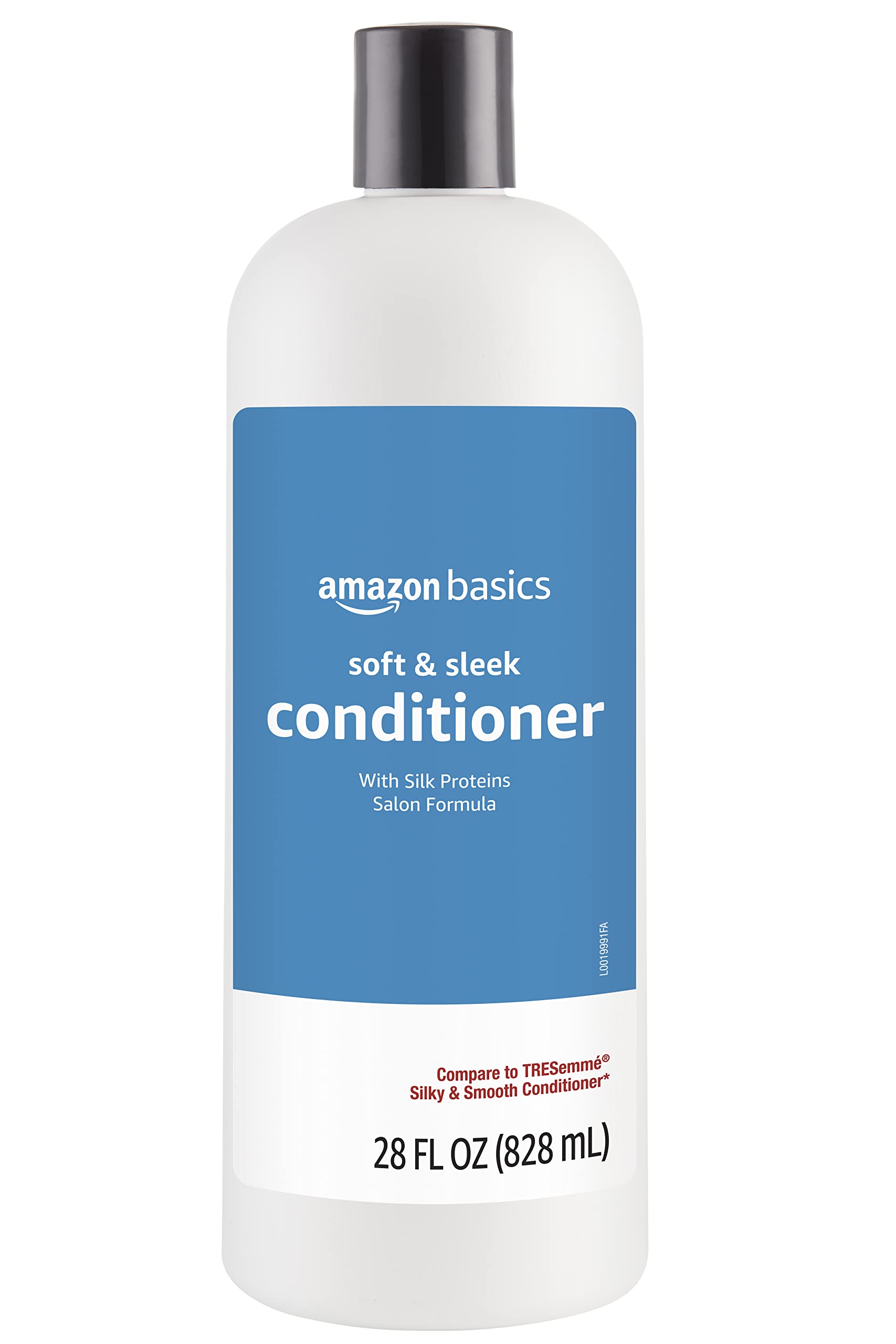 Amazon Basics Soft & Sleek conditioner bottle close-up for frizz control