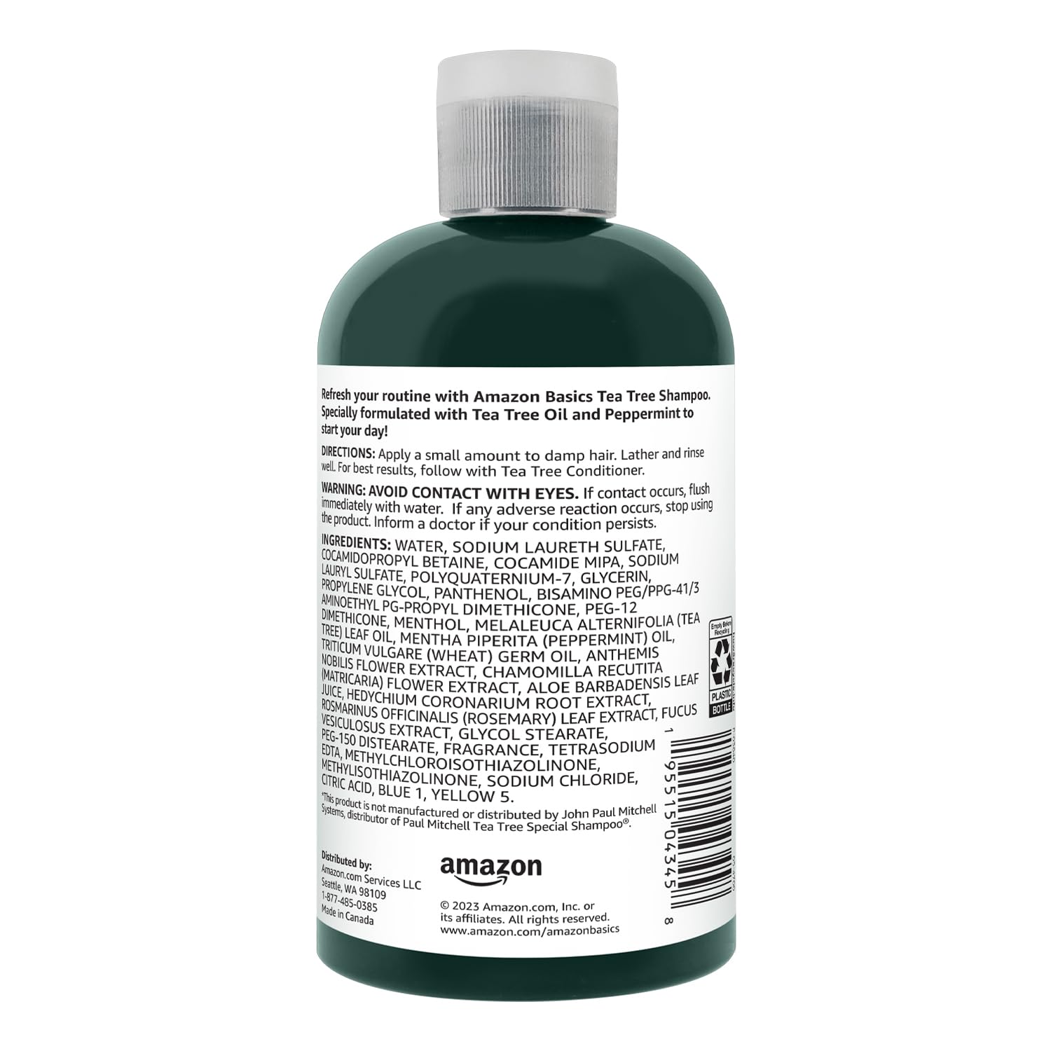 Amazon Basics Tea Tree Shampoo, etiqueta mentolada y aroma refrescante para el lavado.