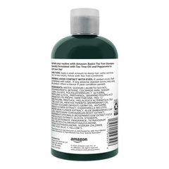 Amazon Basics Tea Tree Shampoo, etiqueta mentolada y aroma refrescante para el lavado.