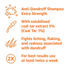 Close-up label shows coal tar active ingredient and usage guidance.