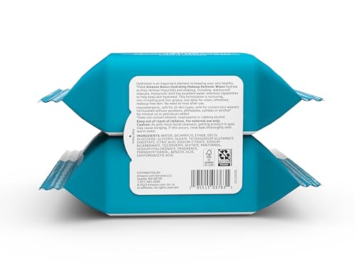 Amazon Basics Toallitas Desmaquillantes con ácido hialurónico para piel hidratada.