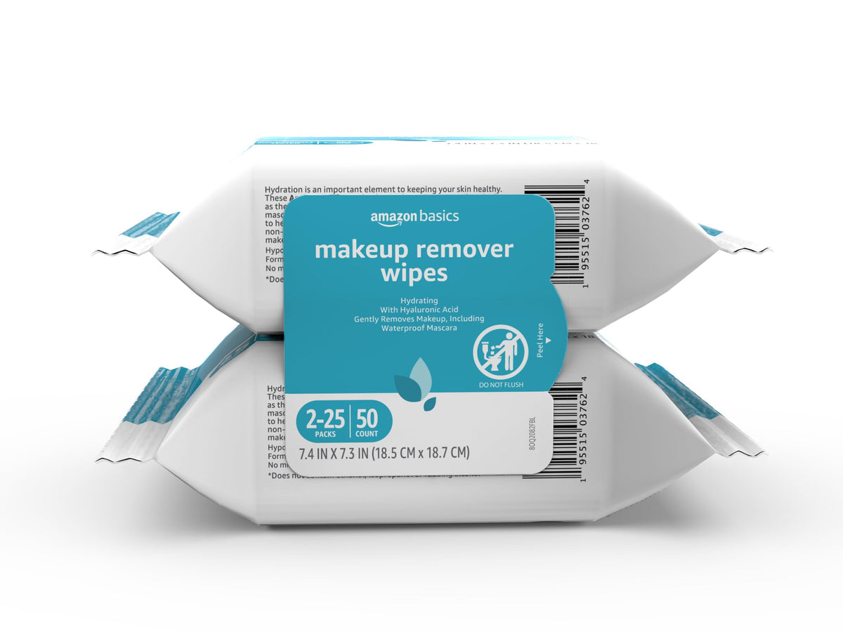 Amazon Basics Toallitas Desmaquillantes en dúo de empaque, limpieza suave e hidratante.