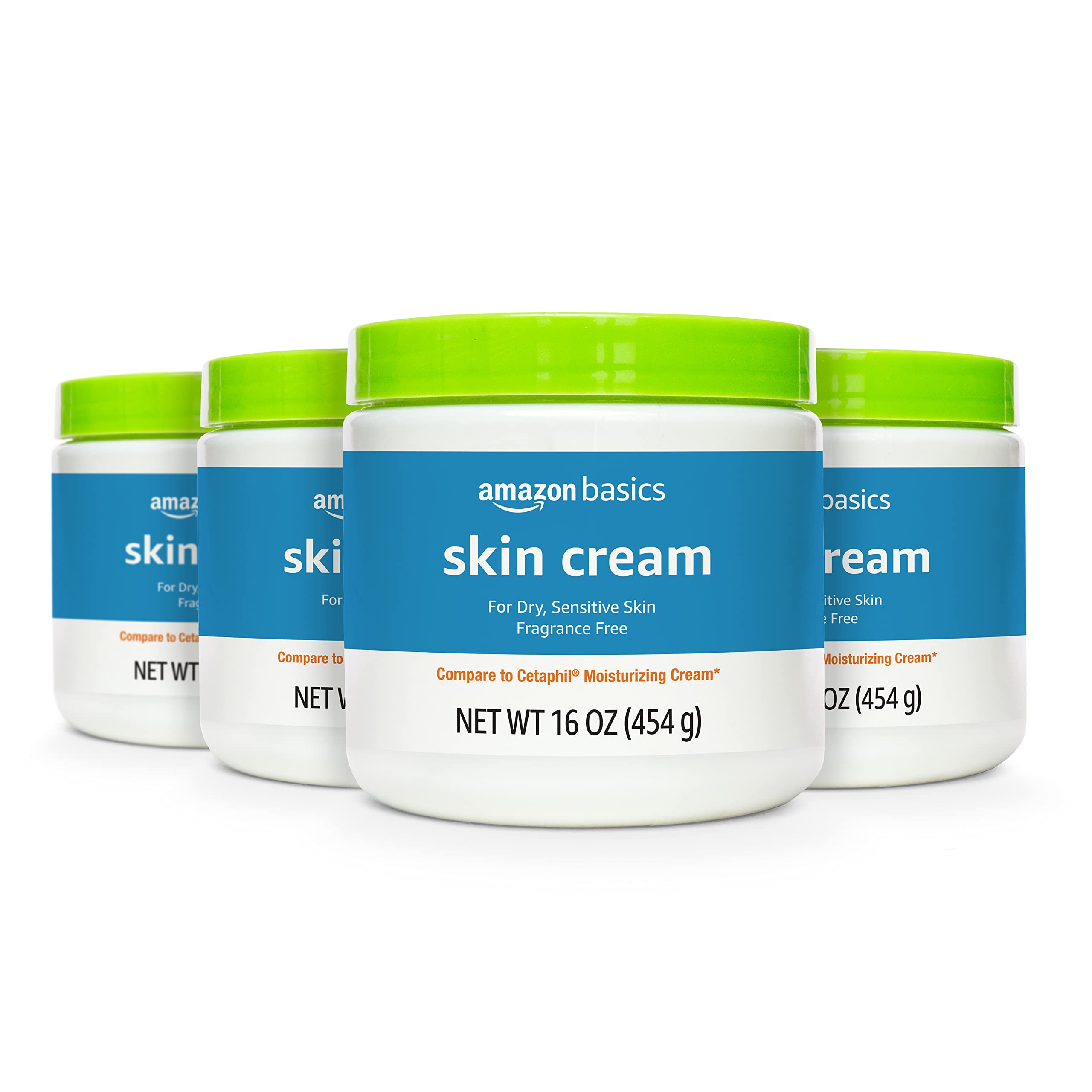 Amazon Basics Ultra Moisturizing Skin Cream packaging shows a four-pack for convenient home use.