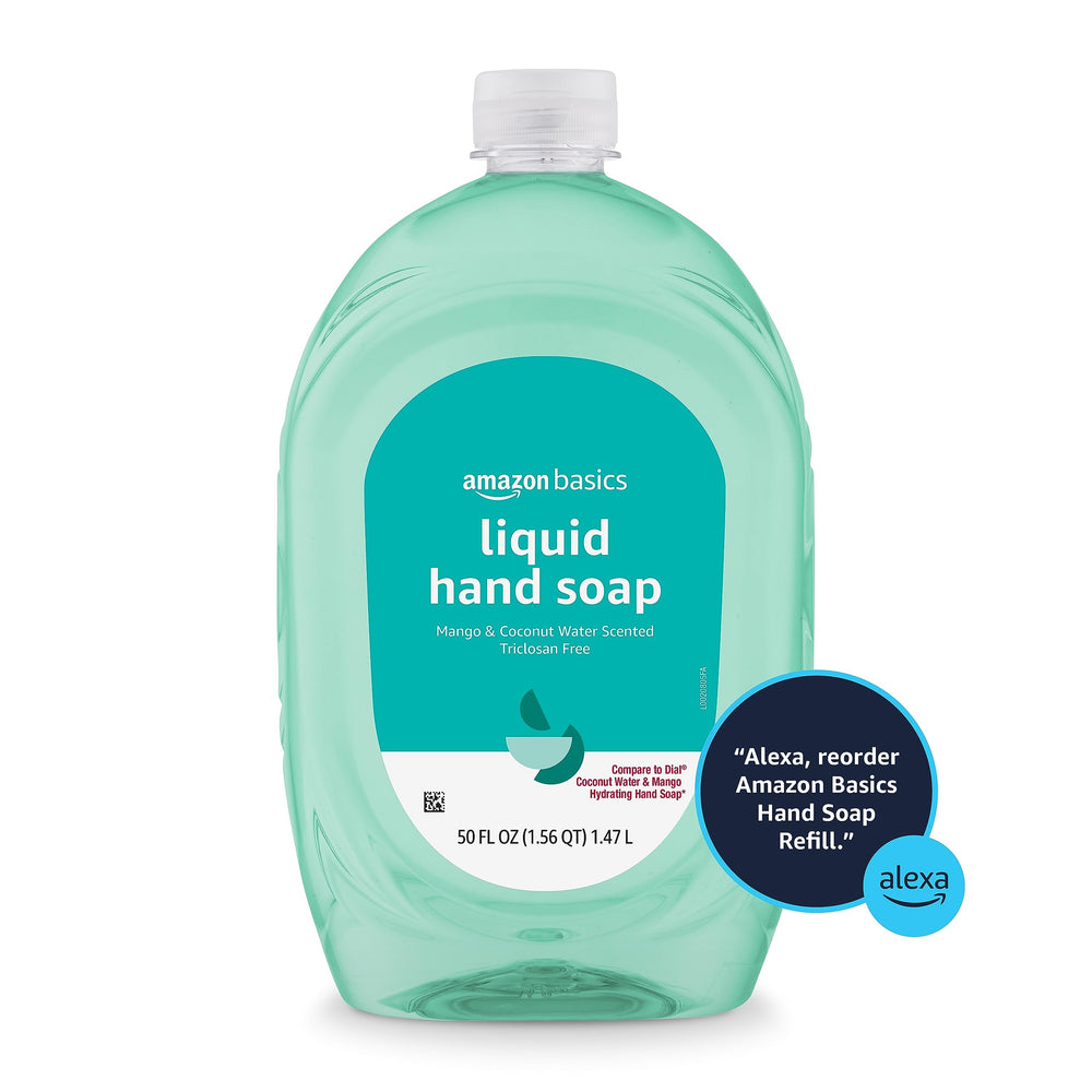 USA-made origin text on Amazon Basics mango coconut refill bottle communicates quality.
