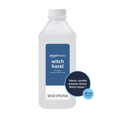 Amazon Basics Witch Hazel bottle close-up of ingredients and unscented status