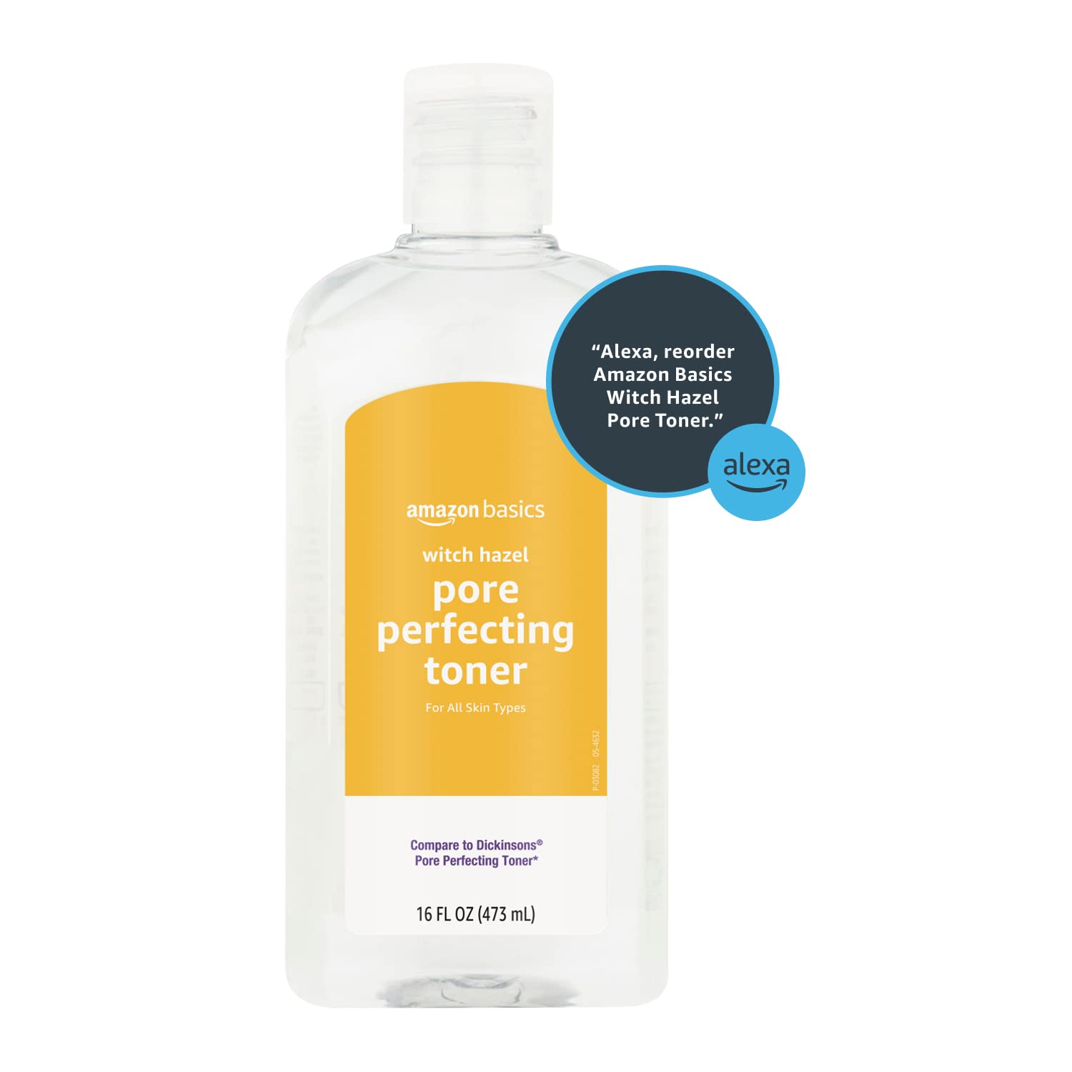 Amazon Basics Witch Hazel Toner packaging shows 16 oz bottle for long-term use