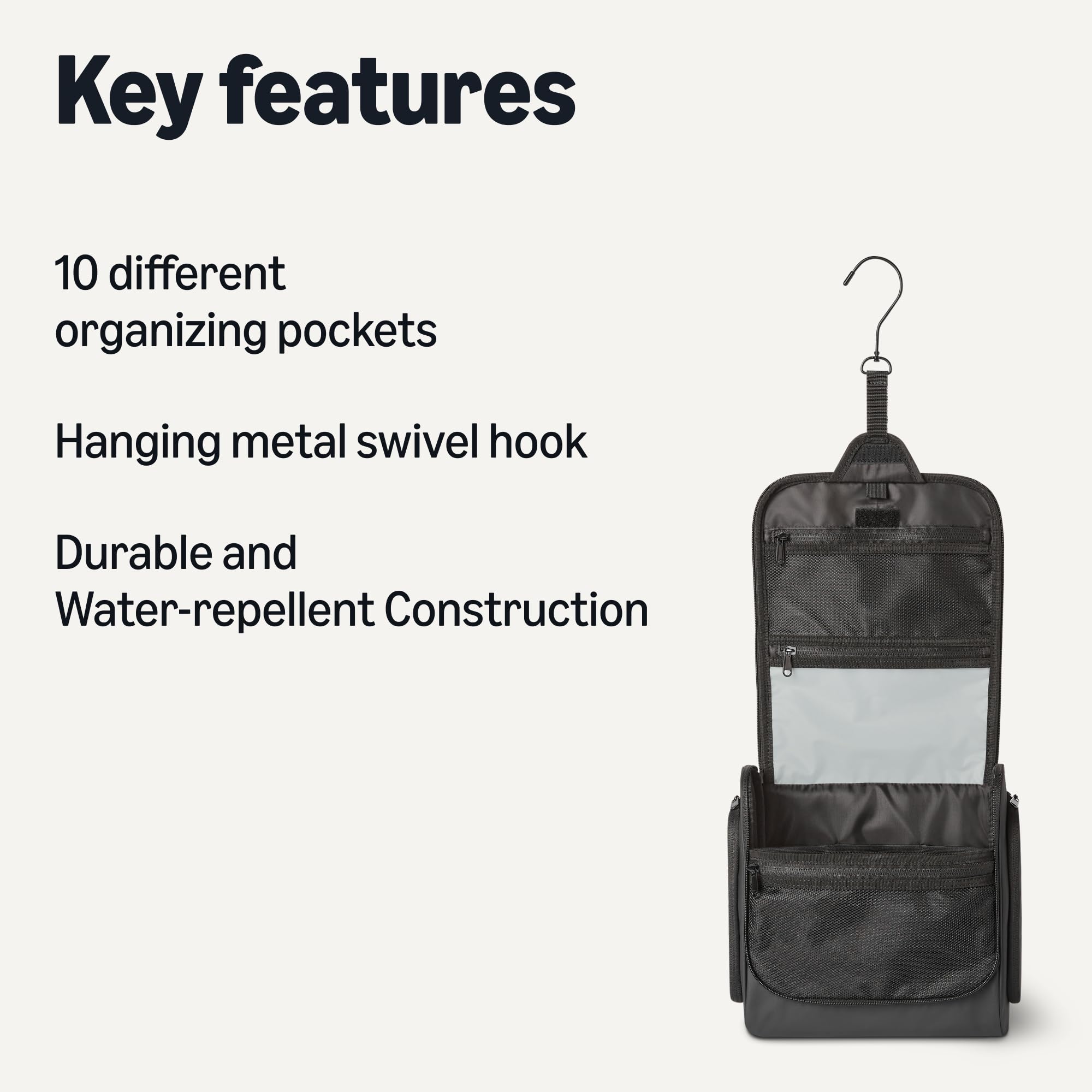 Amazon Essentials Dopp kit: compact, durable, and easy to access from the 360° swivel hook.