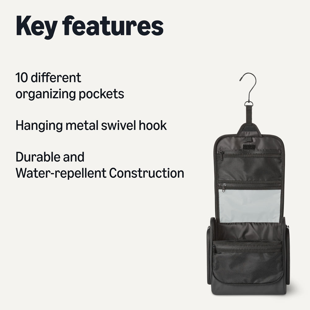 Amazon Essentials Dopp kit: compact, durable, and easy to access from the 360° swivel hook.