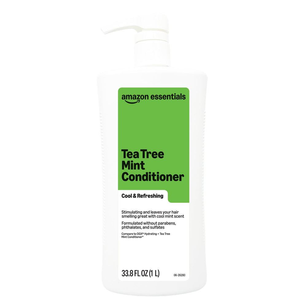 Amazon Essentials Tea Tree Mint conditioner bottle pour for cooling hydration and daily conditioning.
