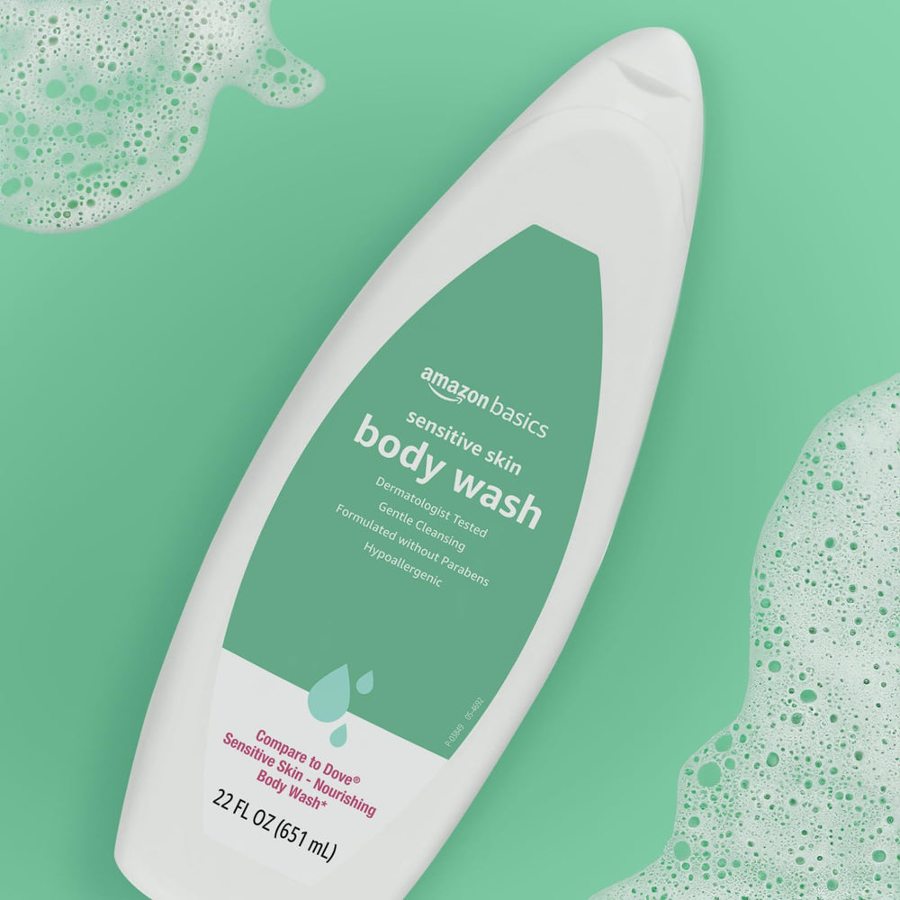 Amazon Basics Sensitive Skin Body Wash in daily-use bath setup.