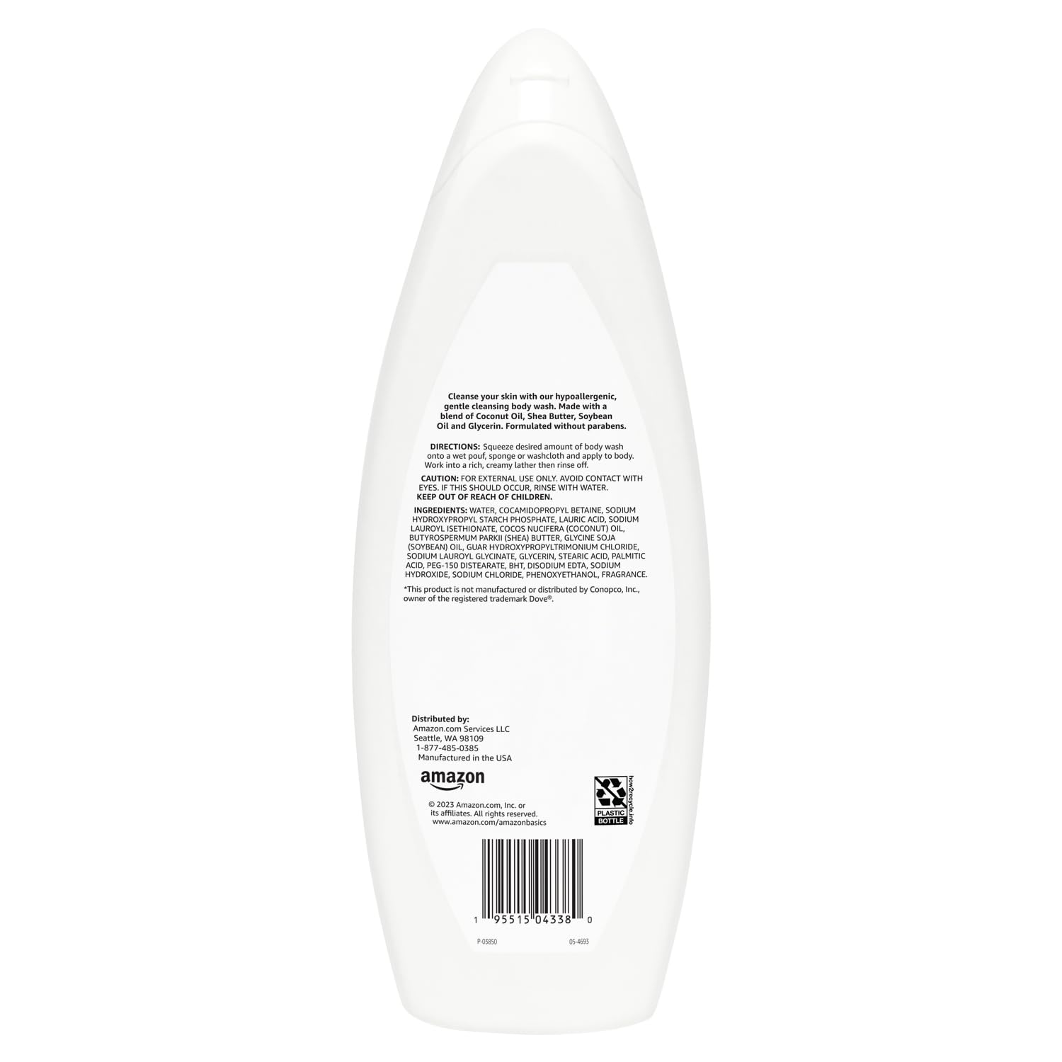 Amazon Basics Sensitive Skin Body Wash label close-up highlights paraben-free formula.
