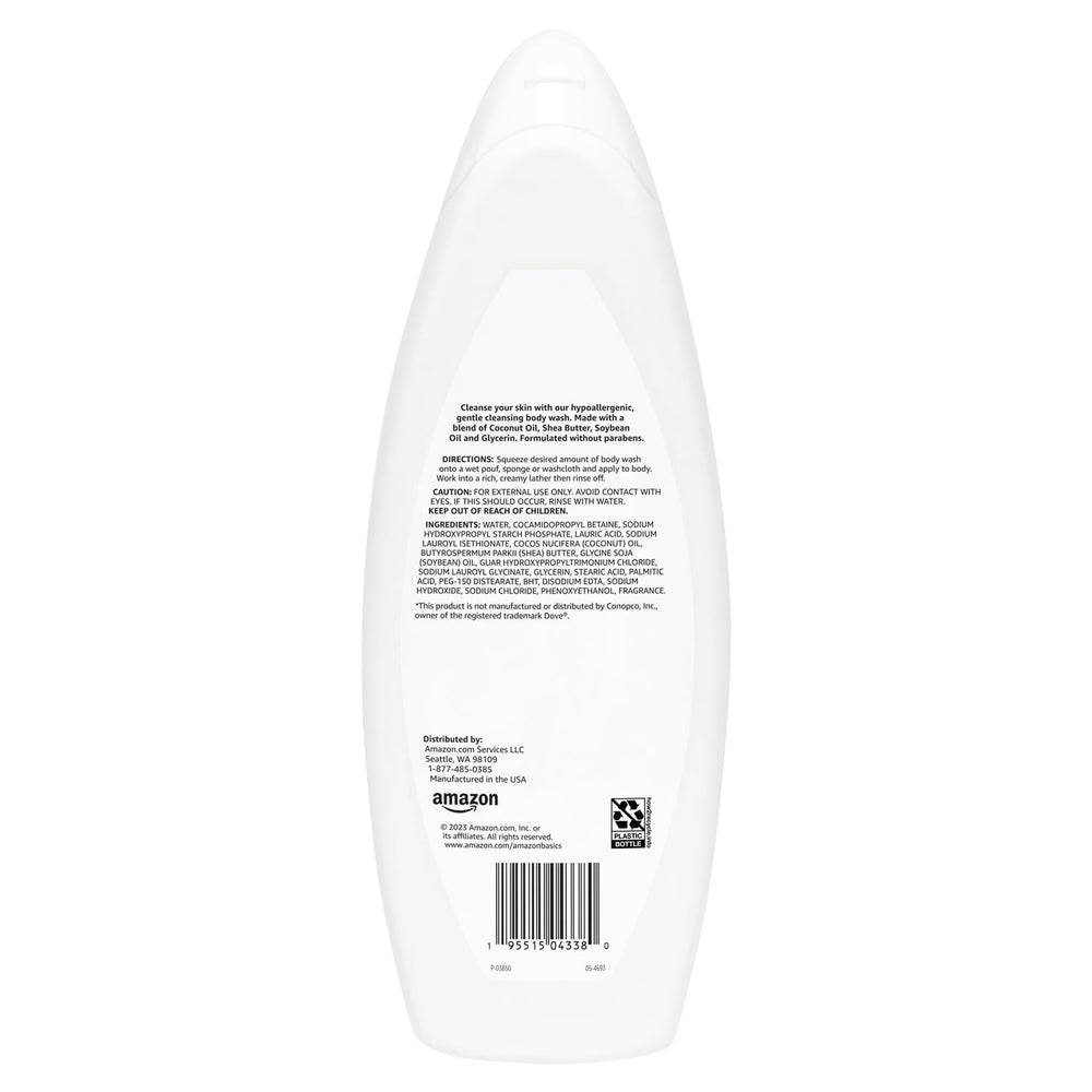 Amazon Basics Sensitive Skin Body Wash label close-up highlights paraben-free formula.