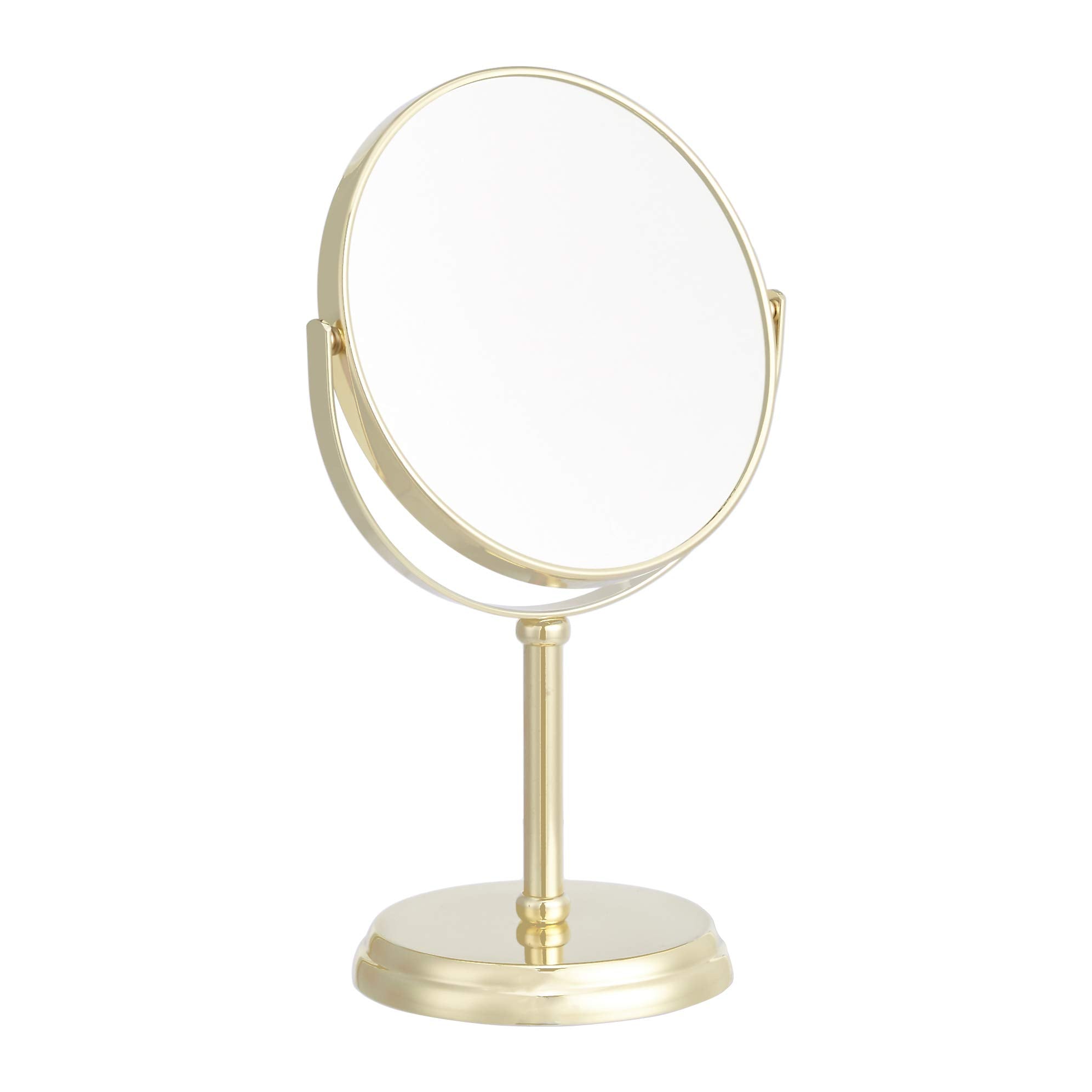 Amazon Basics vanity mirror in gold with 1x/5x magnification for precise makeup.