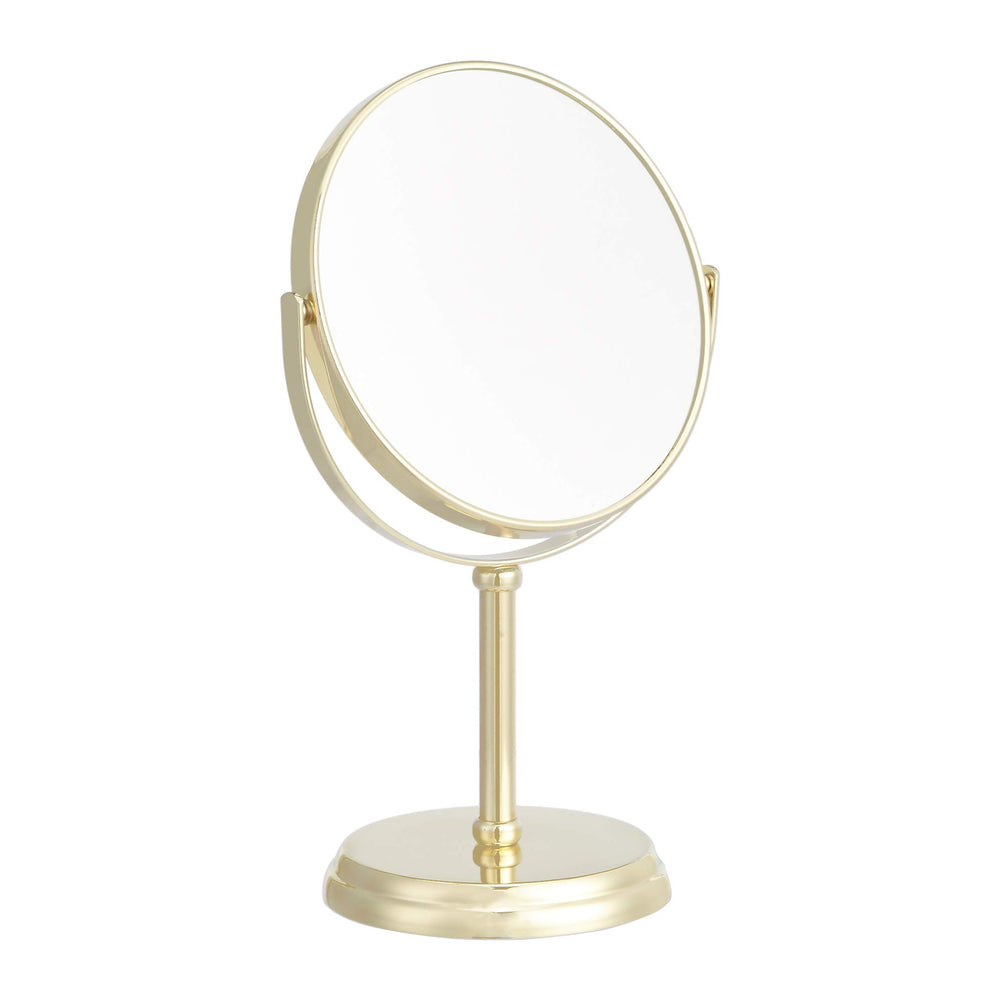 Amazon Basics vanity mirror in gold with 1x/5x magnification for precise makeup.
