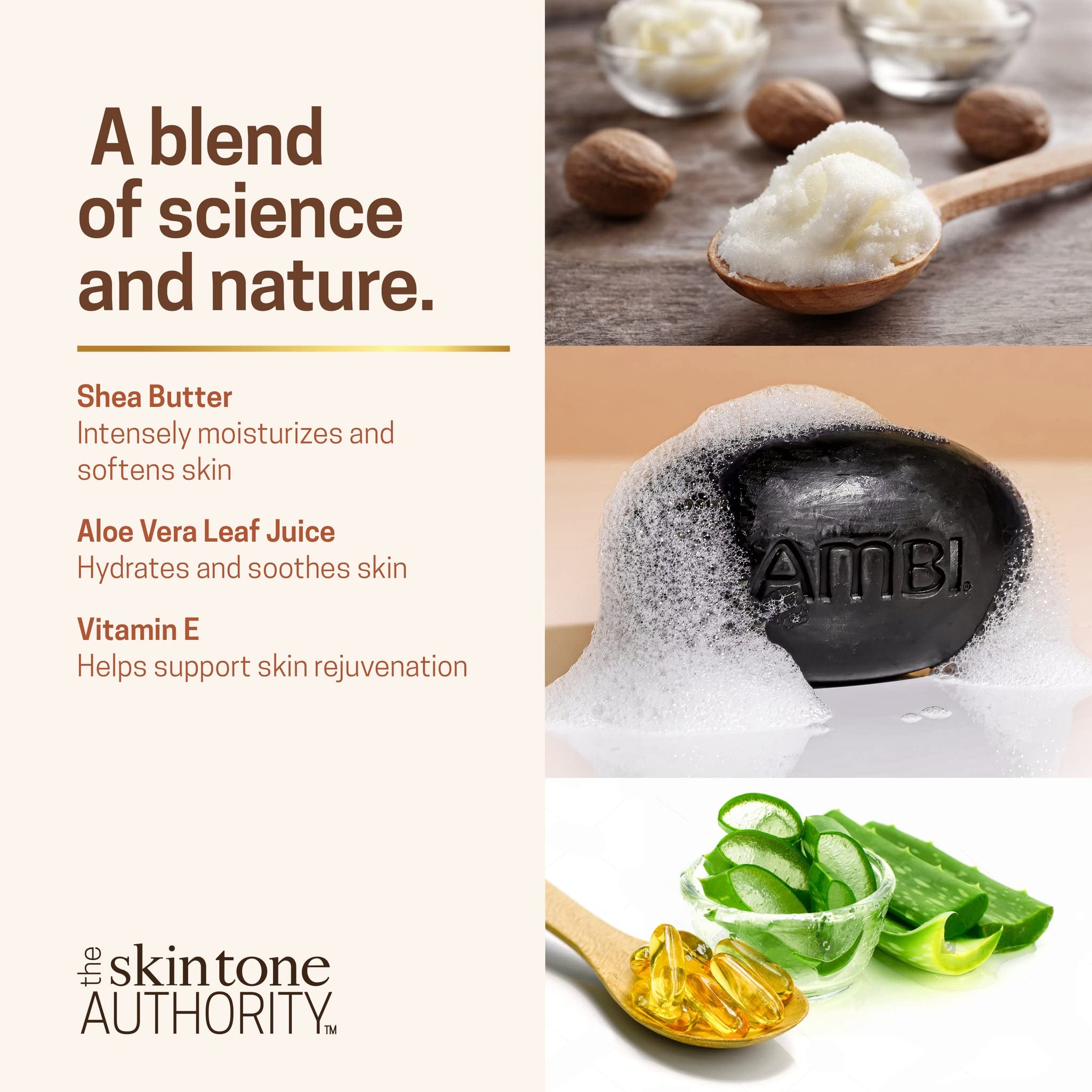 Ambi soap's moisturized appearance suggests softened, nourished skin after use.