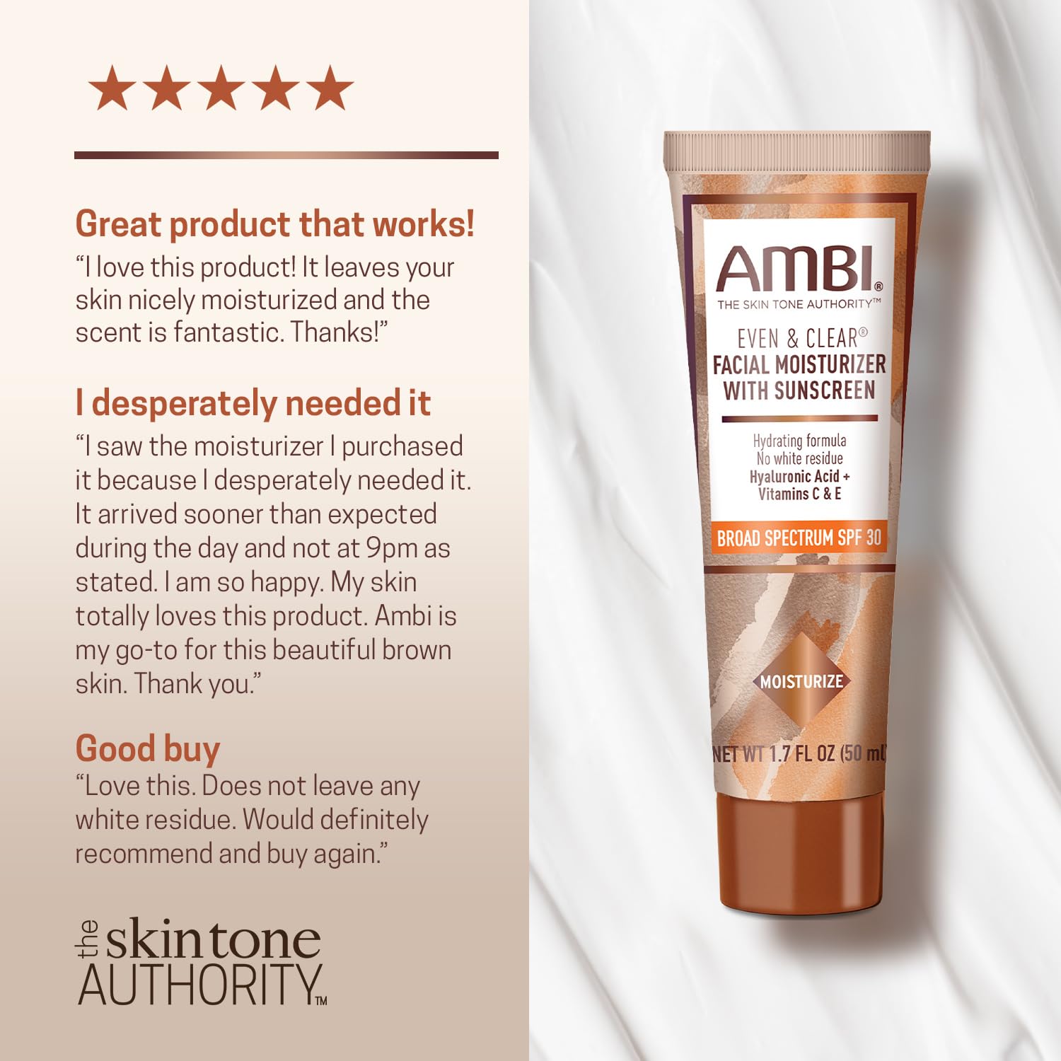 Ambi brand history graphic noting 50 years of skincare expertise.