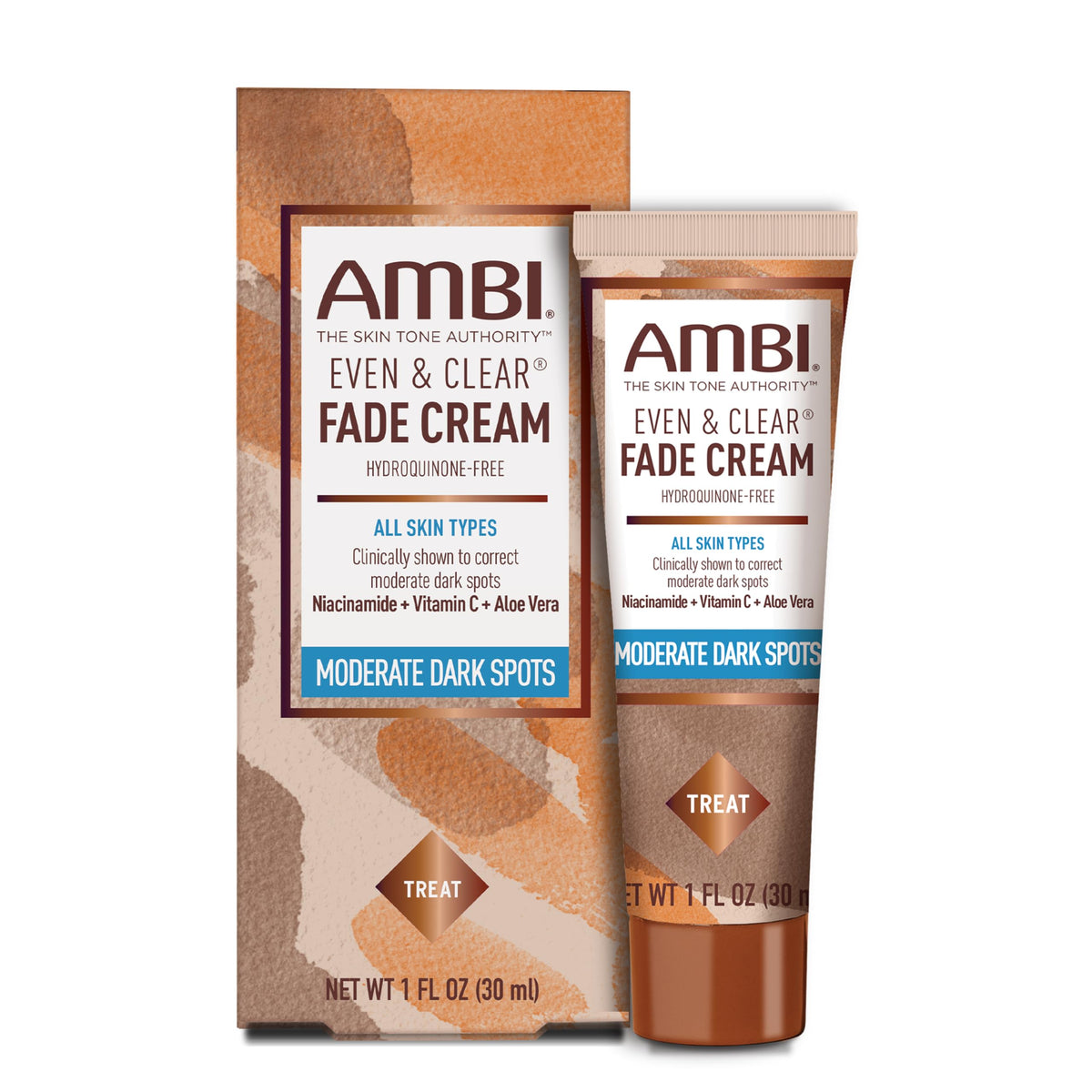 Ambi Even & Clear en tubo: crema suave para uso diario.