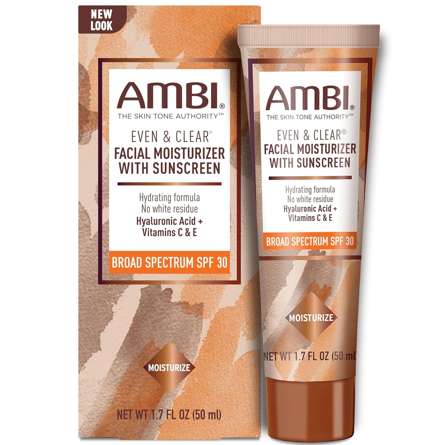 Ambi Even and Clear SPF 30 bottle close-up highlighting hydrating sunscreen benefits.